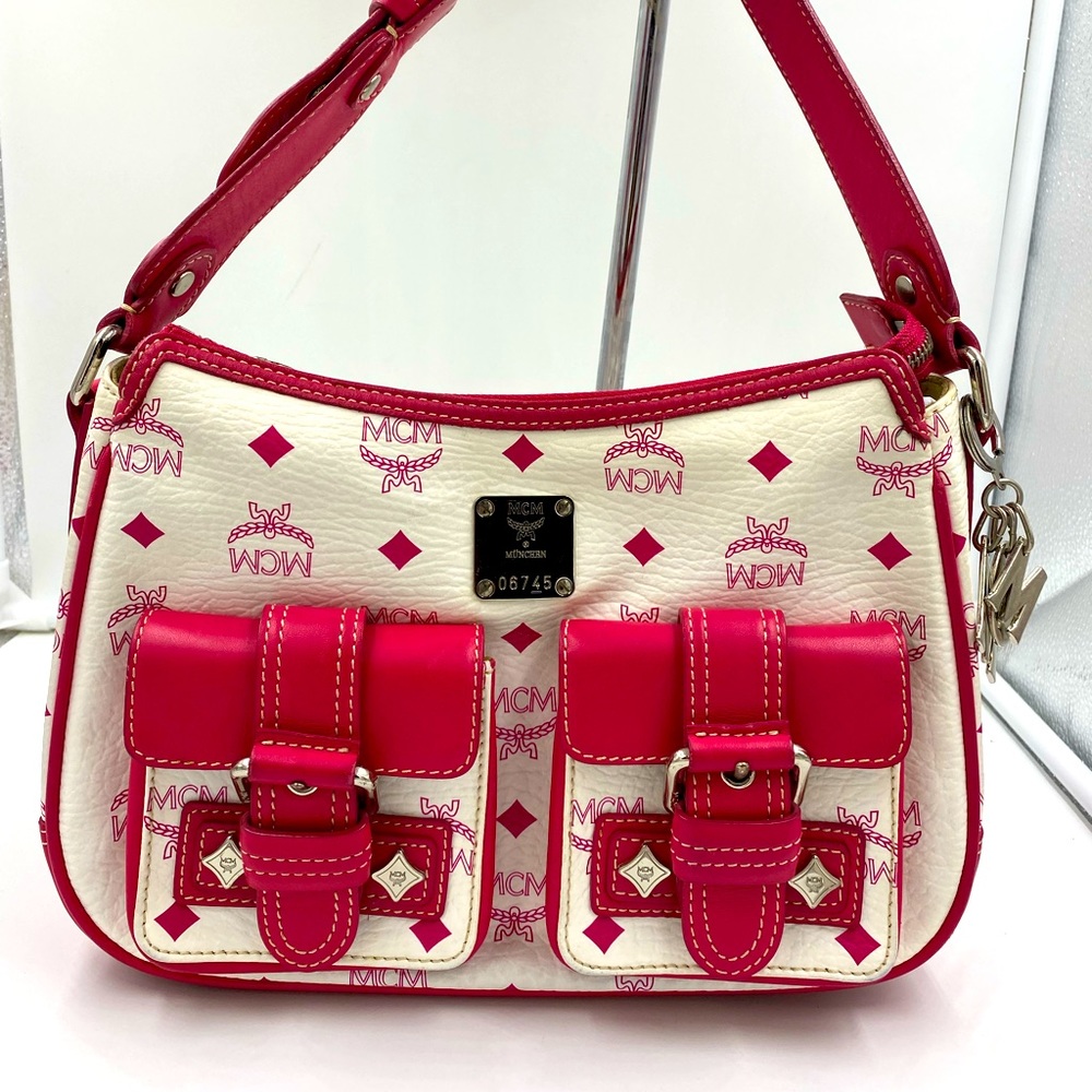 Auth MCM Visetos White Pink Shoulder Bag